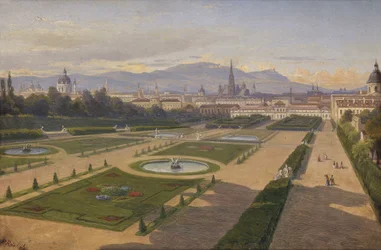 Blick vom Garten des Belvedere auf Wien, den Kahlen und den Leopoldsberg